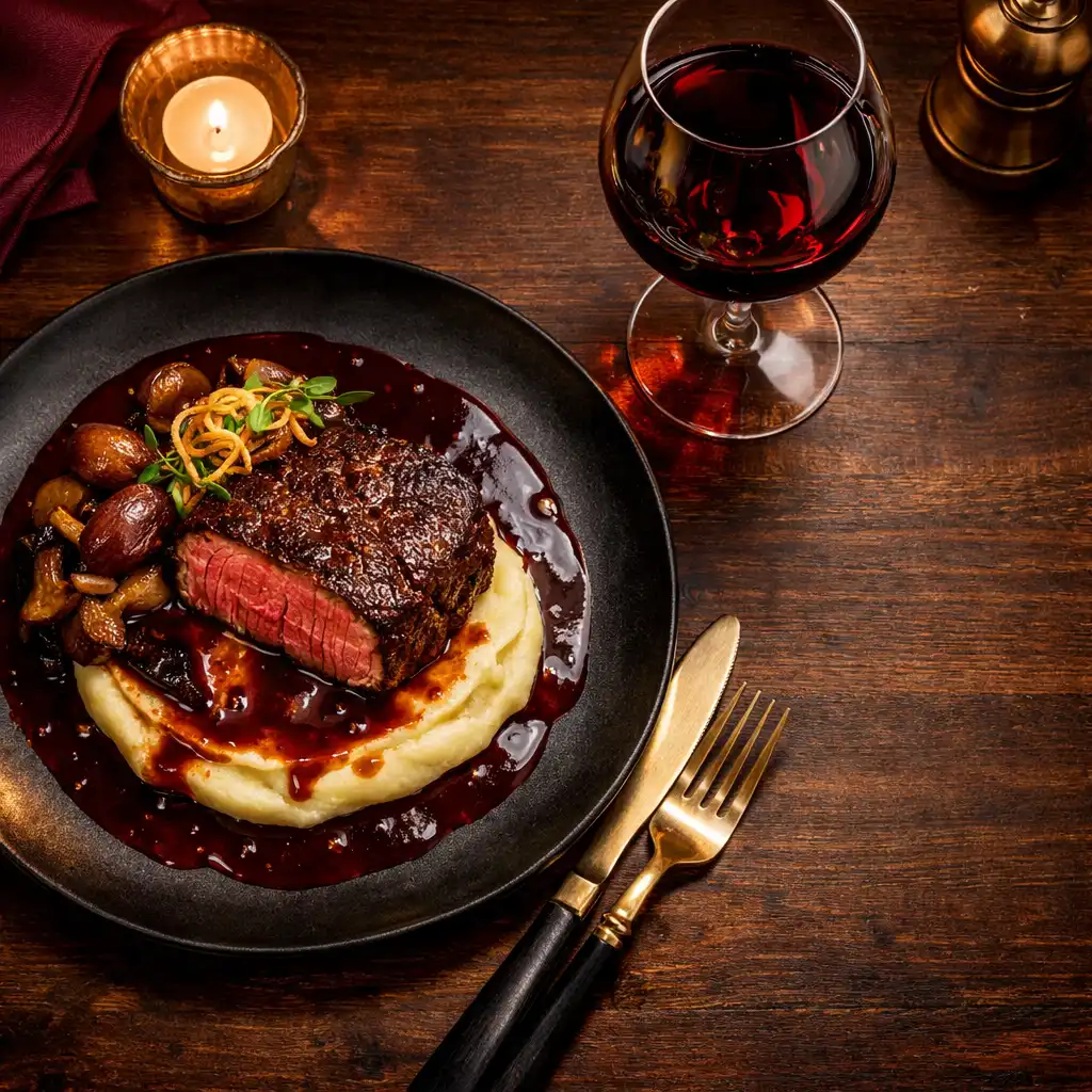 Elegantně naservírovaný steak vedle sklenice červeného vína na tmavém dřevěném stole
