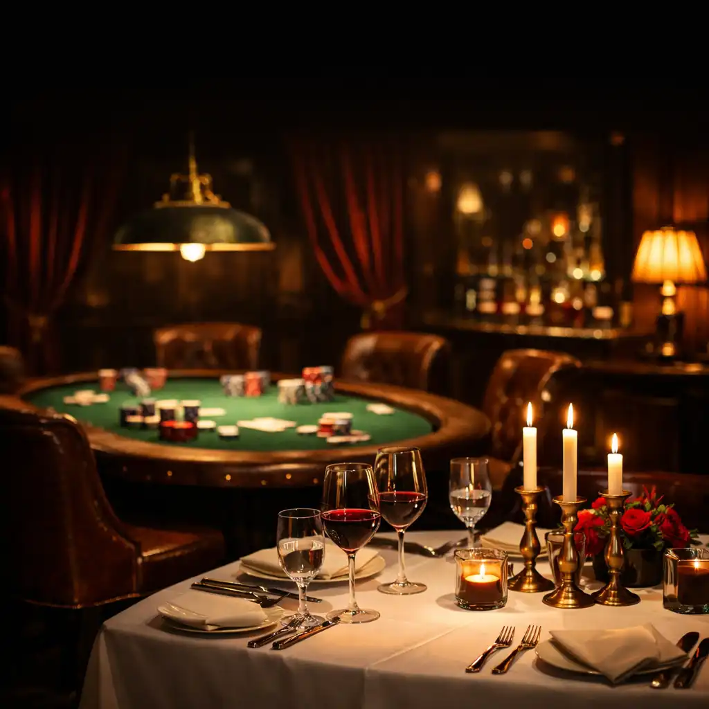Luxusní restaurace s jídelním stolem a pokerovým stolem v pozadí, teplé tlumené osvětlení
