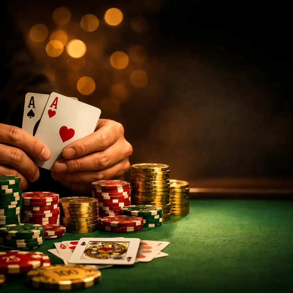 Detail pokerových žetonů a karet na stole v salonku Dobroty Nastole