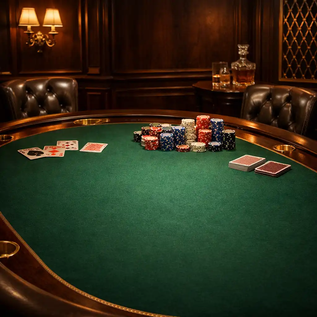 Luxusní pokerový stůl v salonku Dobroty Nastole s žetony a kartami