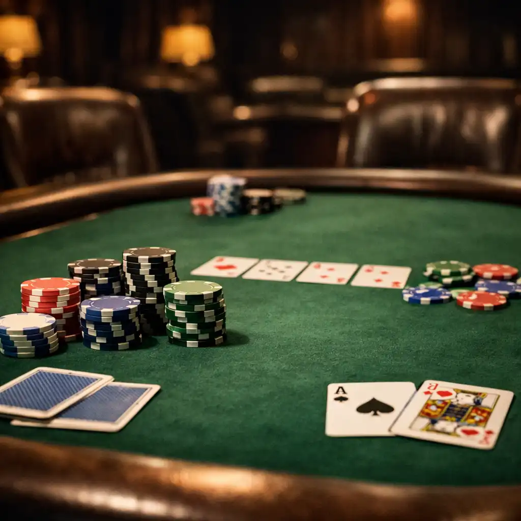 Detailní pohled na profesionální pokerový stůl s kartami a žetony v luxusním prostředí