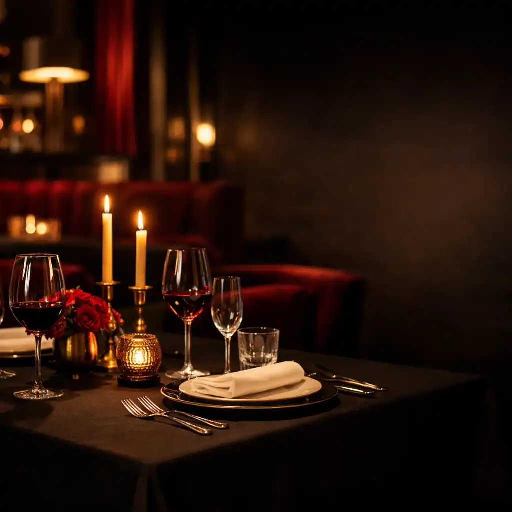 Elegantní restaurace s prostřeným stolem pro dva při svíčkách