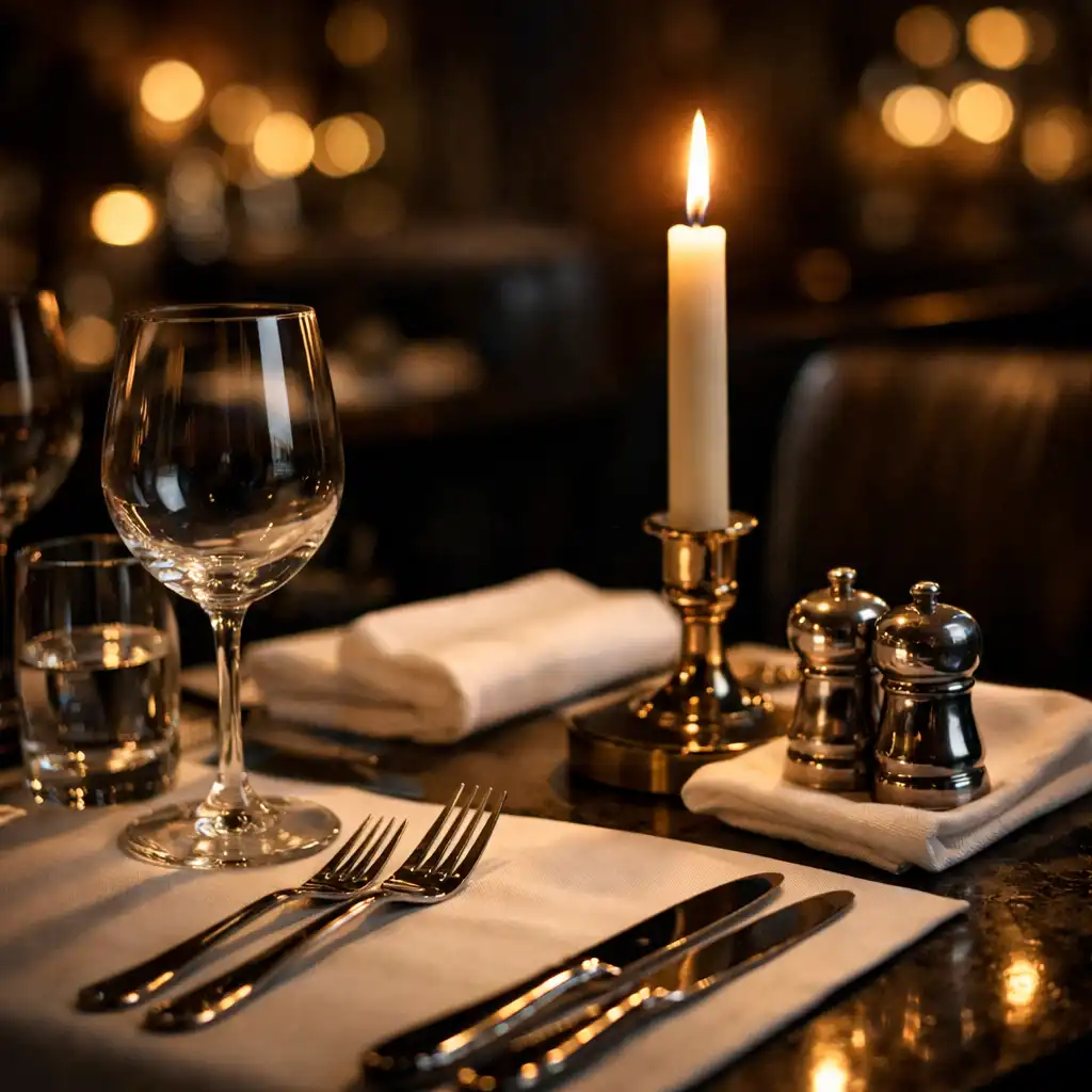 Prostřený jídelní stůl s bílým ubrusem, leštěnými příbory a svíčkou v tmavé luxusní restauraci