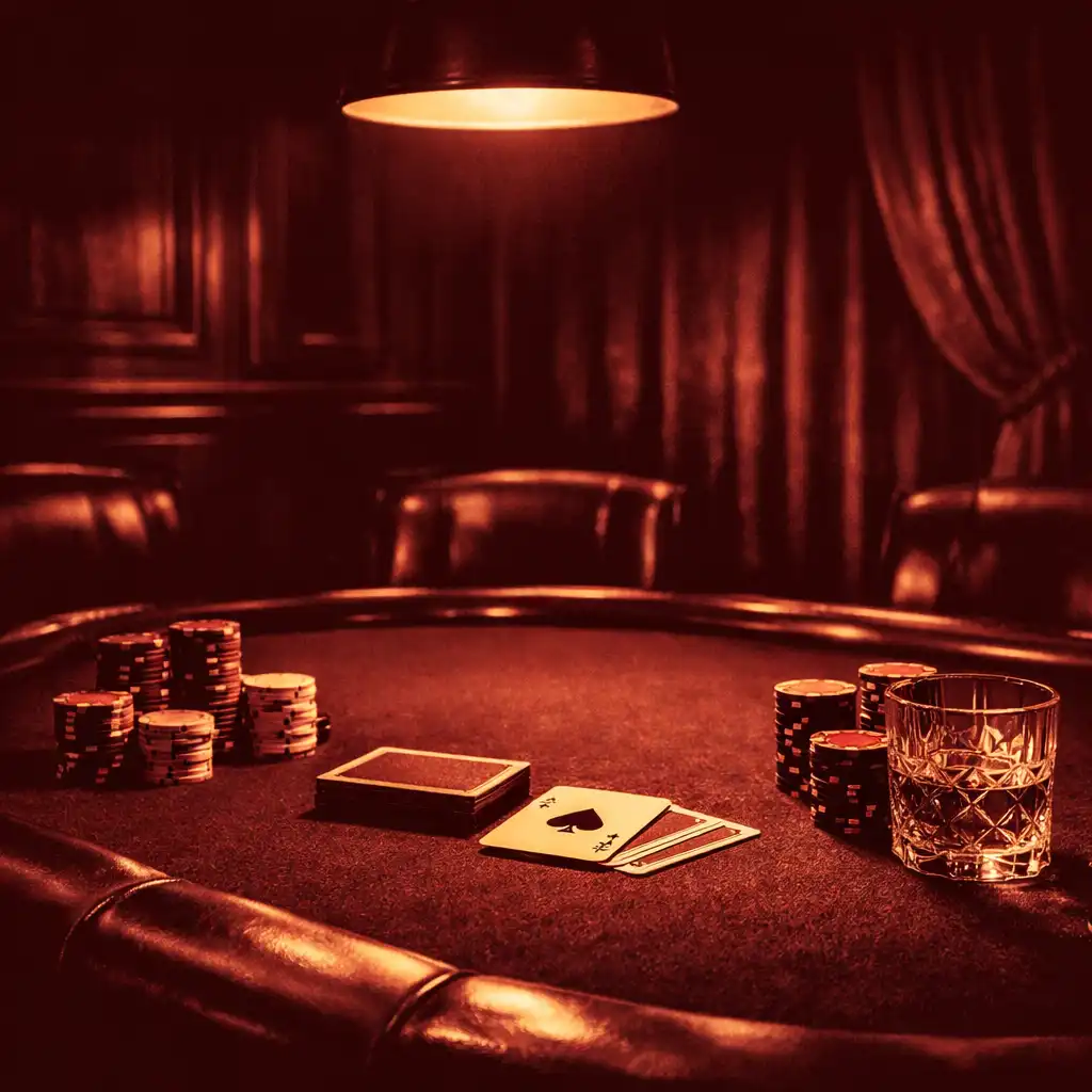Soukromý pokerový stůl s tmavě zeleným plátnem, koženými židlemi a teplým osvětlením v luxusním salonku